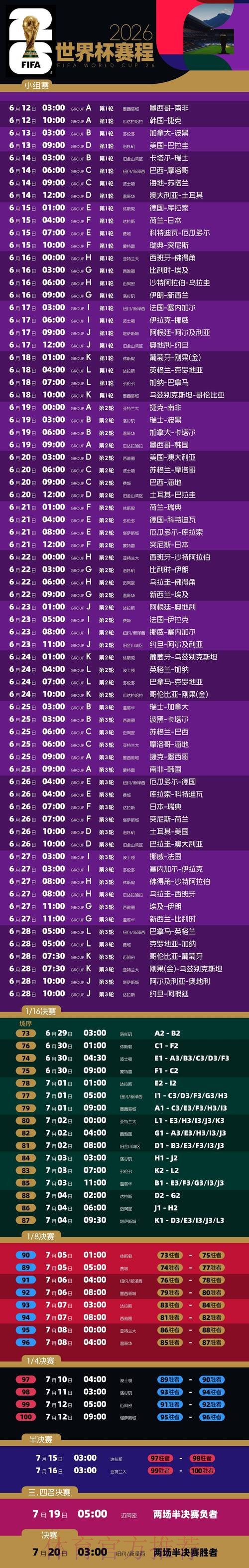 2026世界杯比赛时间高清版完整安排怎么看